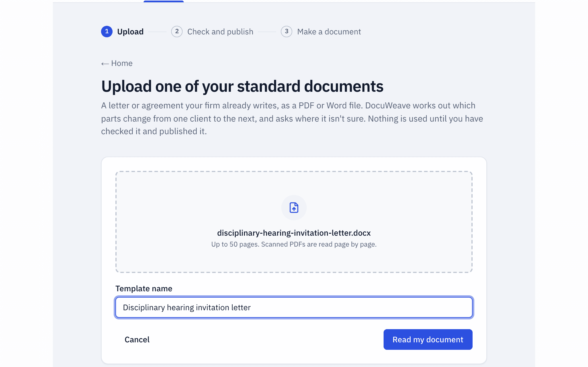 Uploading one of your standard documents, a disciplinary hearing invitation letter as a Word file, to make a template from it